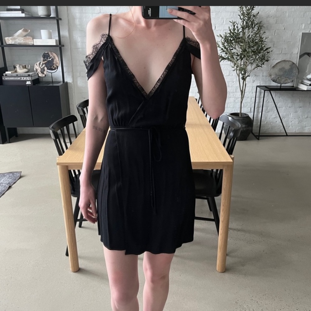 Reformation black mini wrap dress with lace detail